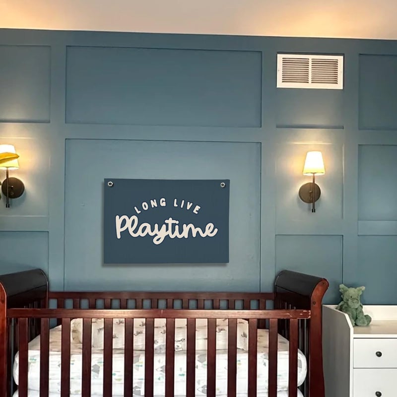 ShowDraven Playroom Decor for Boy, Long Live Playtime Wall Hanging Linen Banner, Blue Striped Wall Flag for Kids Room Nursery Playroom Decor, 20x30 Inch-Navy Blue - Image 5